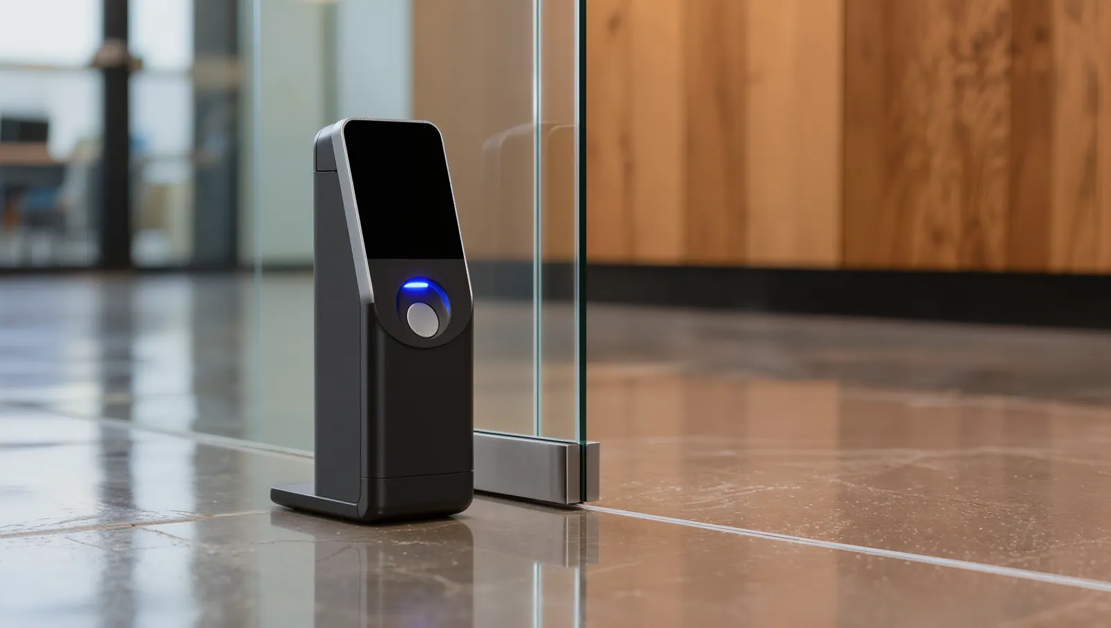 Card reader with a blue status light beside a glass office door