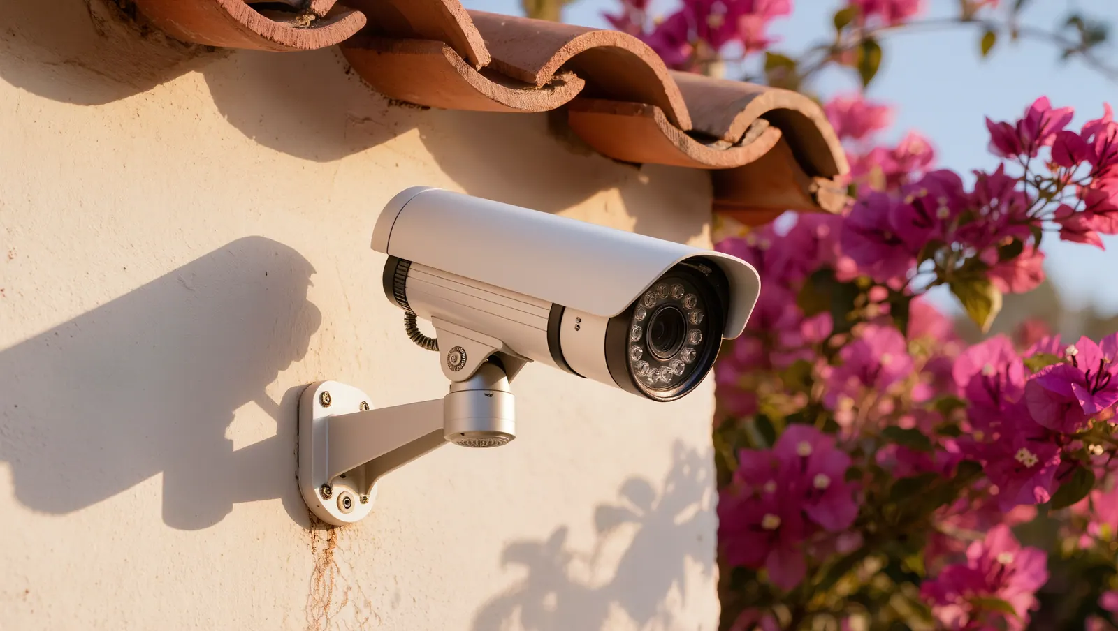White bullet security camera on a stucco wall under a tile roof