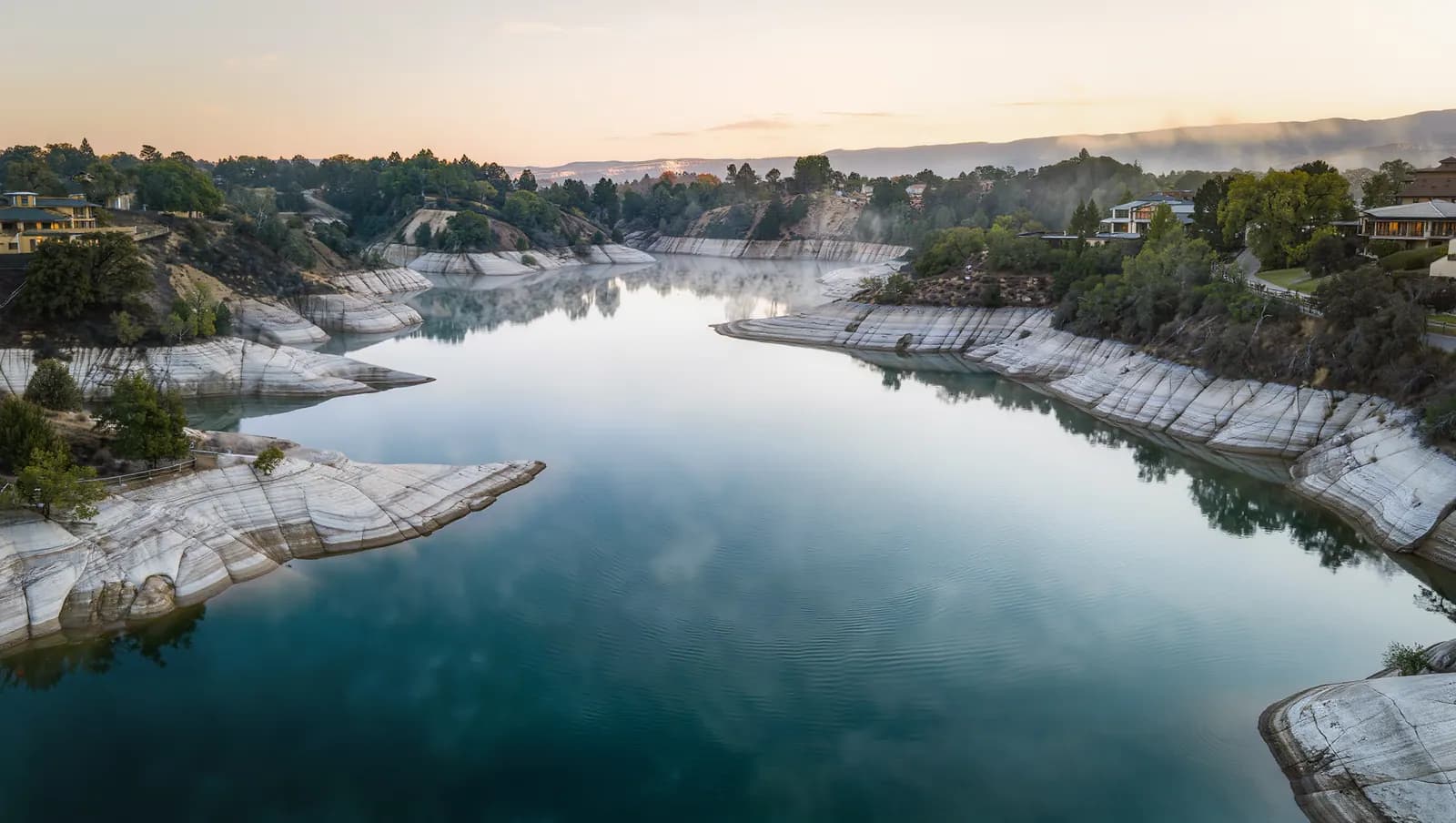 Canyon Lake and limestone bluffs at sunrise