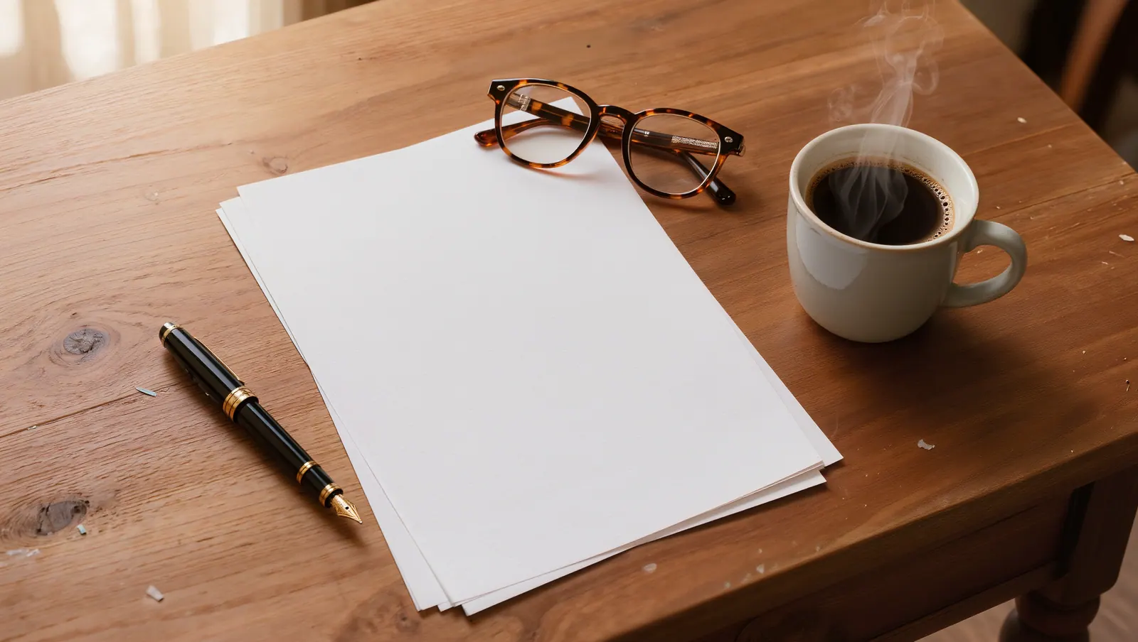 Desk with documents, reading glasses and coffee