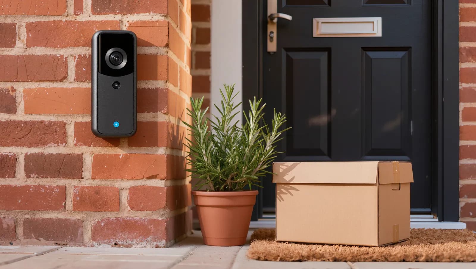 Video doorbell on a brick wall beside a front door with a delivered package