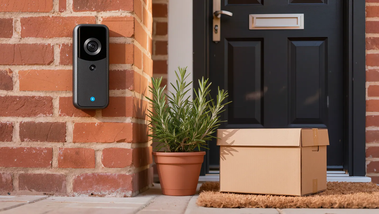 Video doorbell on a brick wall beside a front door with a delivered package