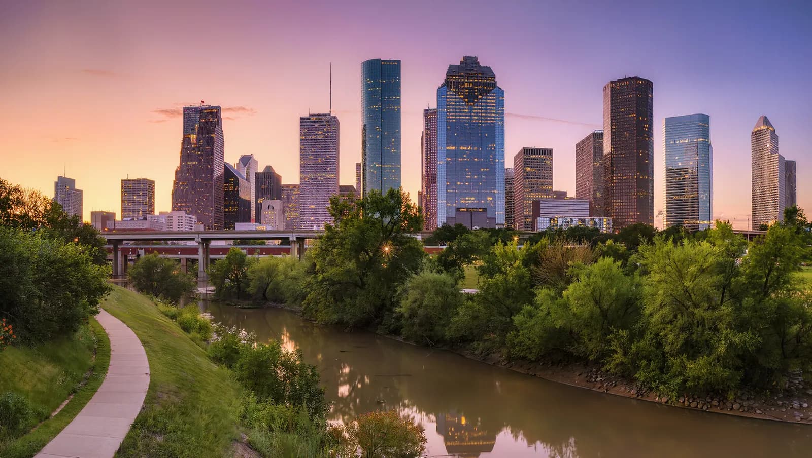 Houston skyline from Buffalo Bayou Park at dusk