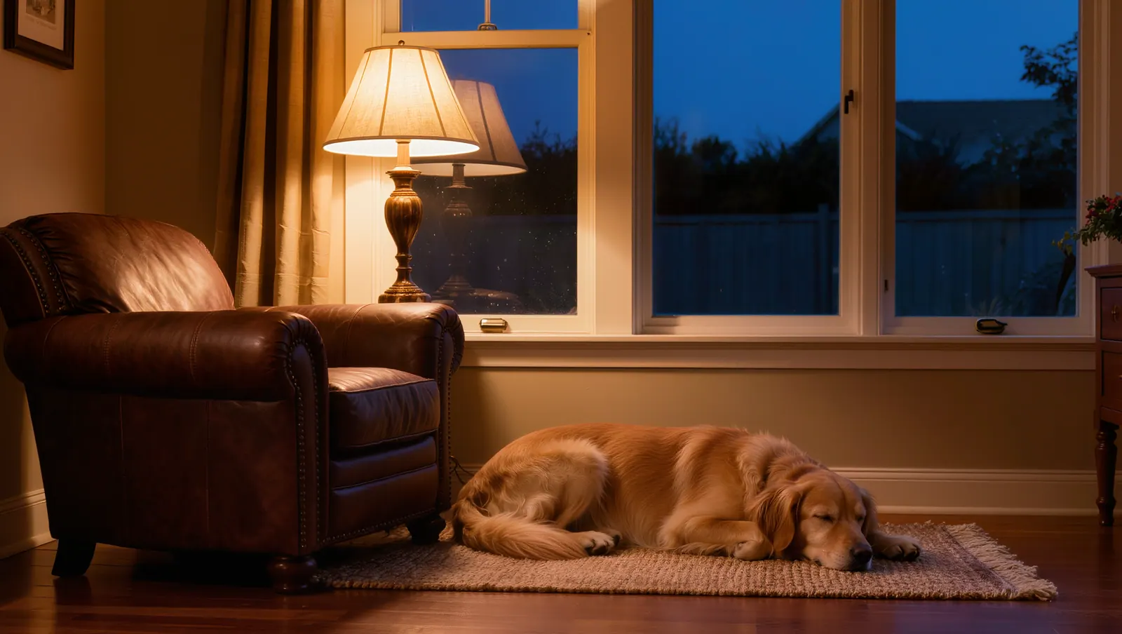 Lamp-lit living room at night with a sleeping dog