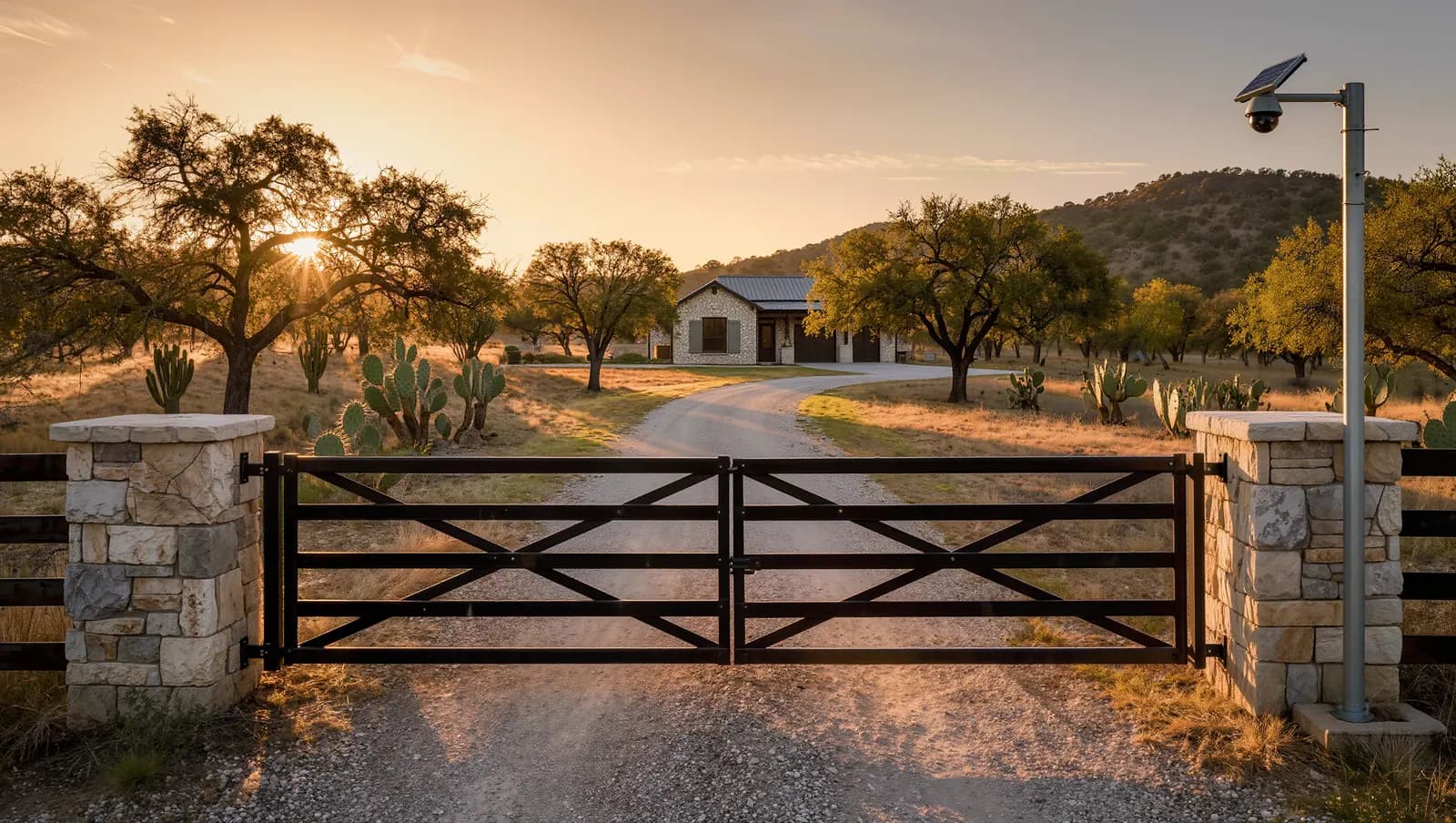 Hill Country ranch gate with a solar security camera on a pole