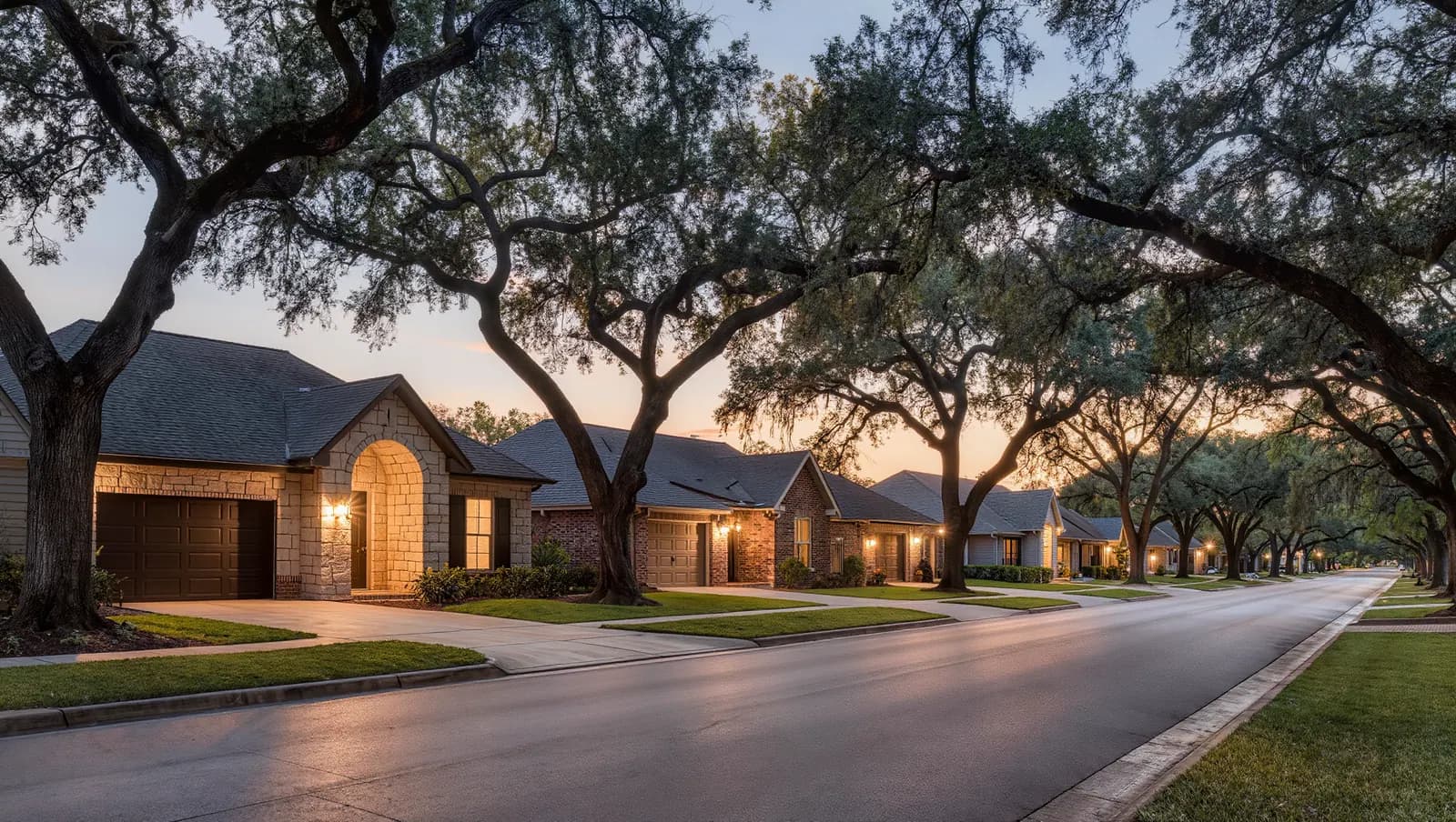 Tree-lined north San Antonio street of limestone and brick homes at dusk