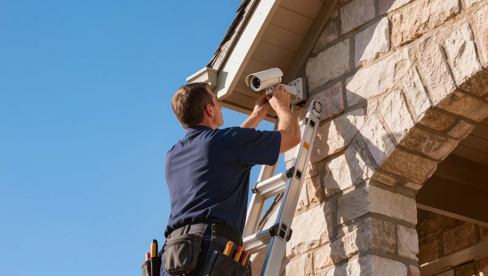 Technician installing a security camera under the eave of a stone house