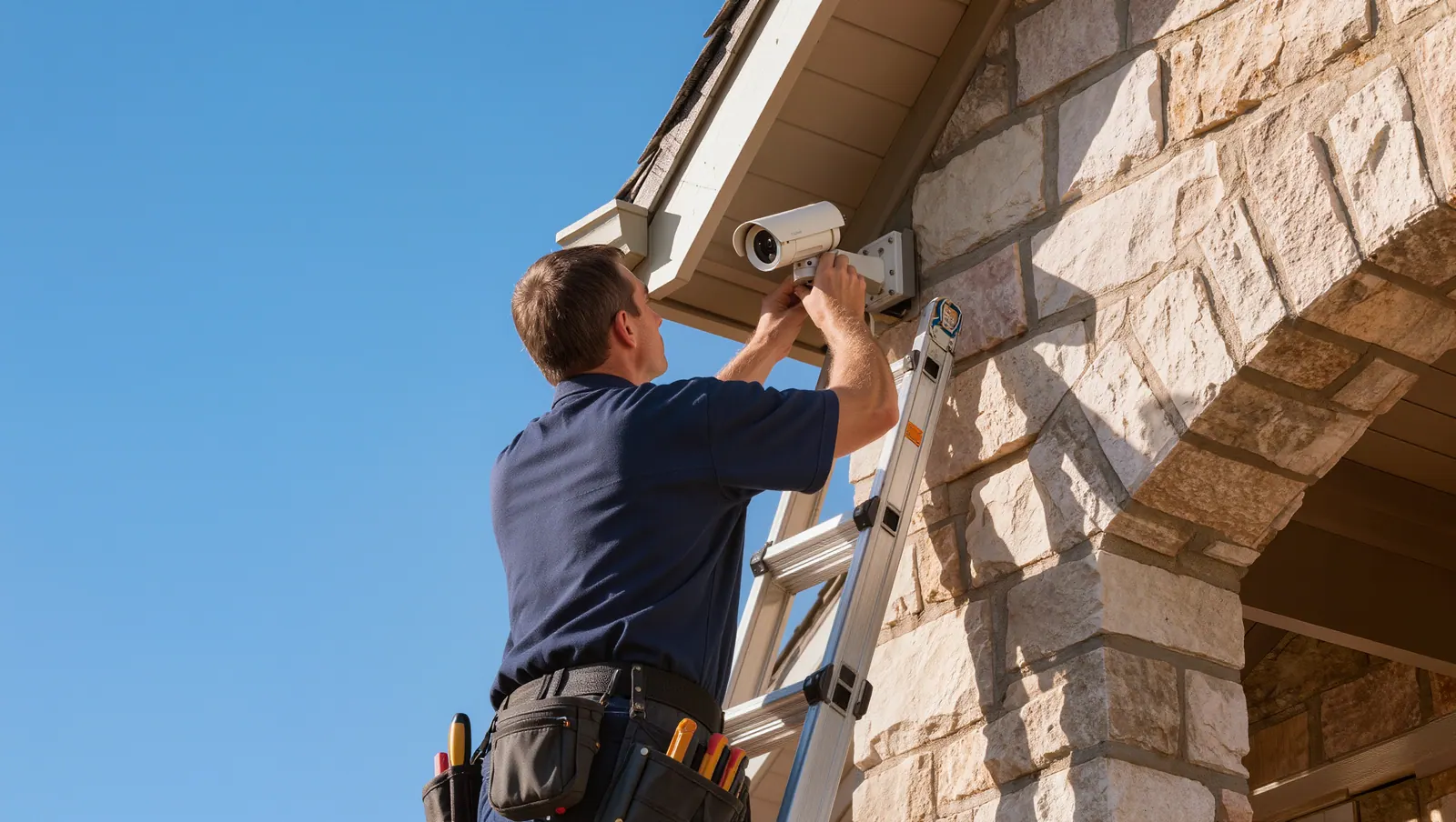 Technician installing a security camera under the eave of a stone house