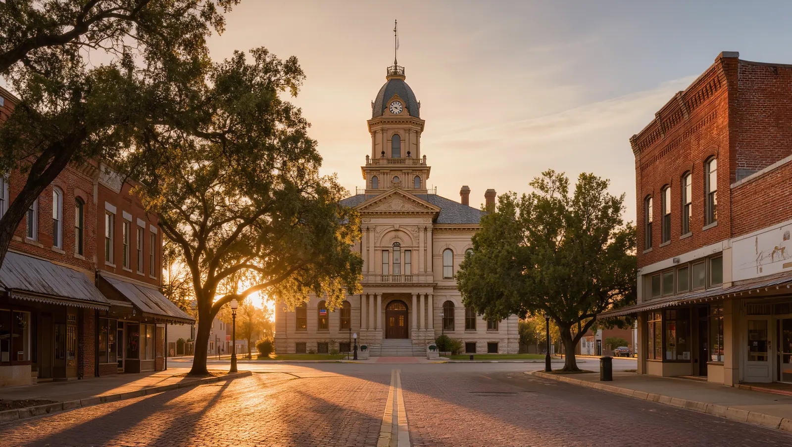 Historic Texas courthouse square framed by live oaks
