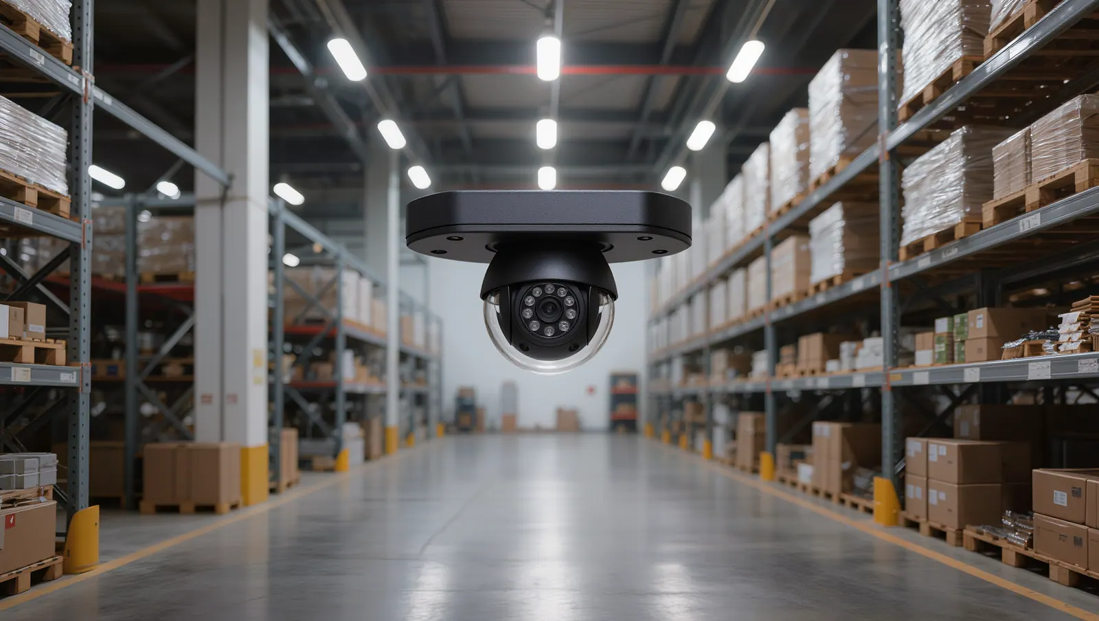 Dome camera inside a large distribution warehouse
